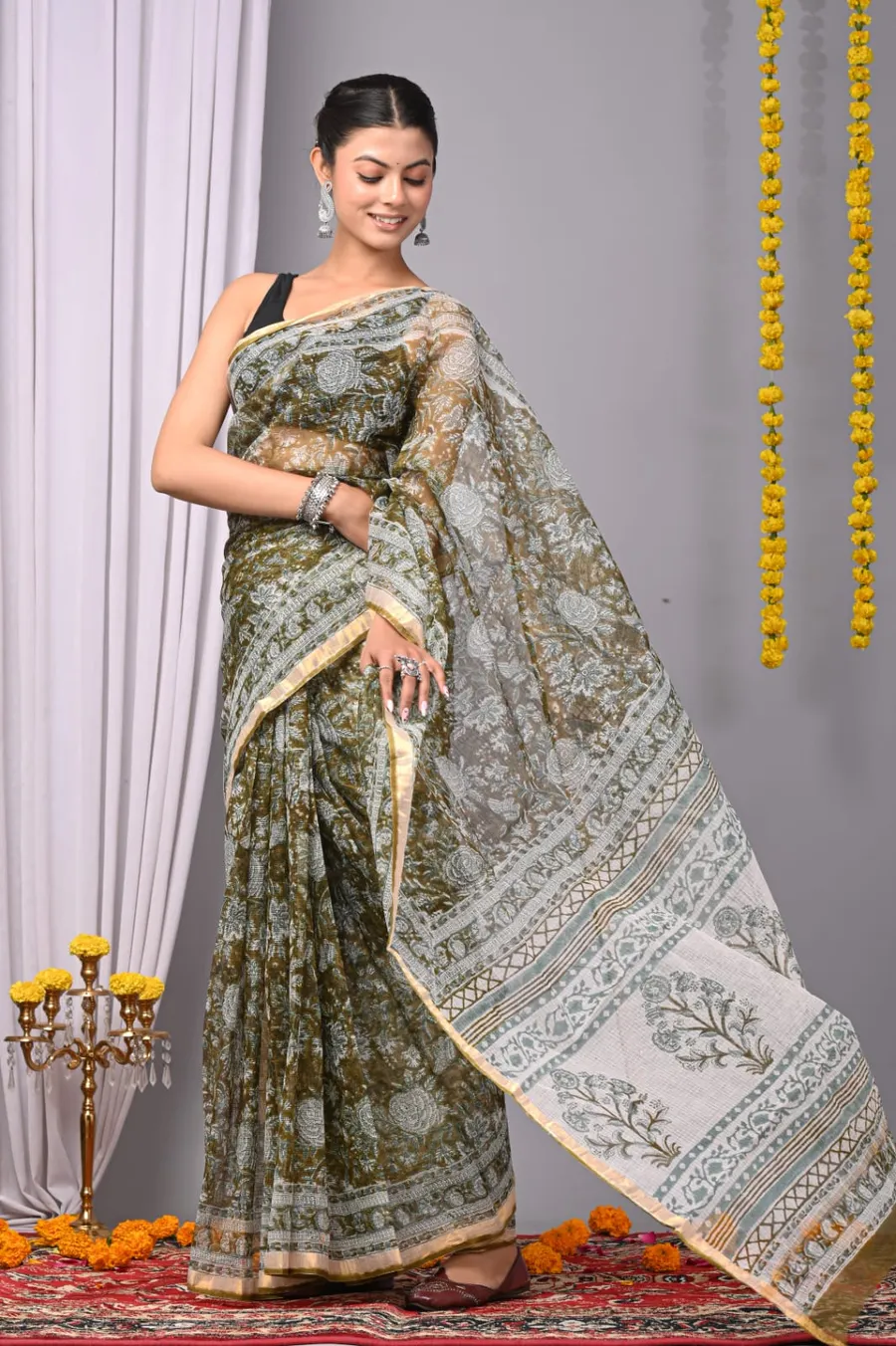Handcrafted Bagru Print Kota Saree